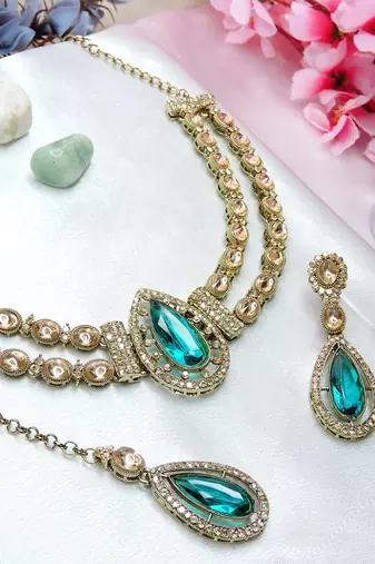 Green yellow gold premium designer american diamond and stone work necklace set