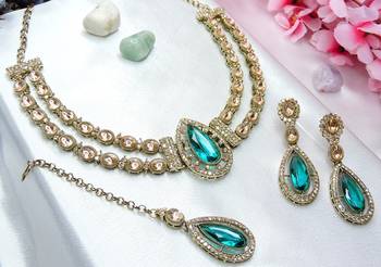Green yellow gold premium designer american diamond and stone work necklace set 3