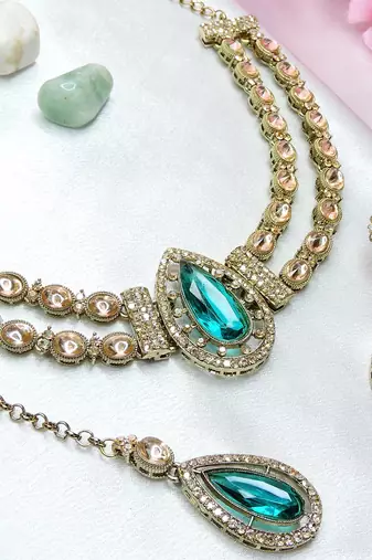 Green yellow gold premium designer american diamond and stone work necklace set