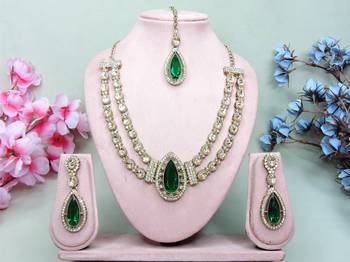 Green yellow gold premium designer american diamond and stone work necklace set 1