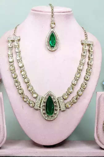 Green yellow gold premium designer american diamond and stone work necklace set
