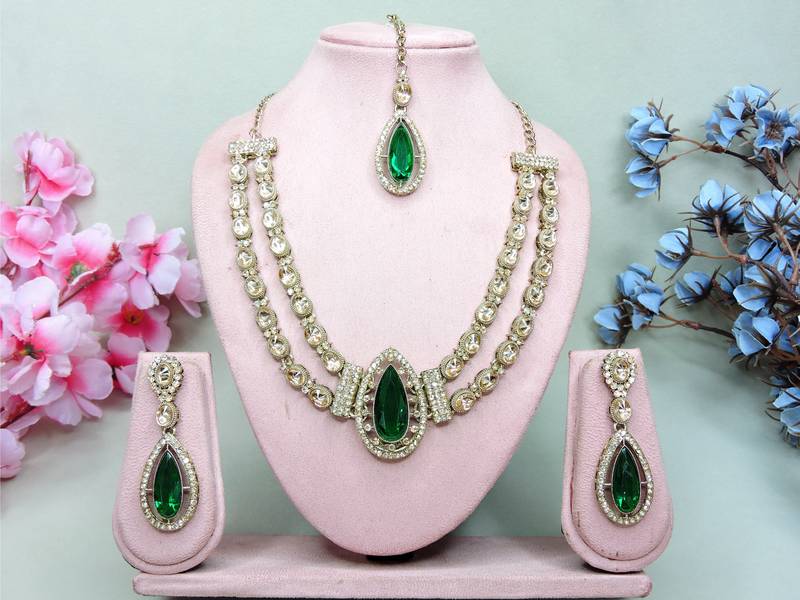 Green yellow gold premium designer american diamond and stone work necklace set