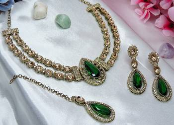 Green yellow gold premium designer american diamond and stone work necklace set 2