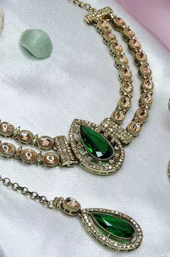 Green yellow gold premium designer american diamond and stone work necklace set