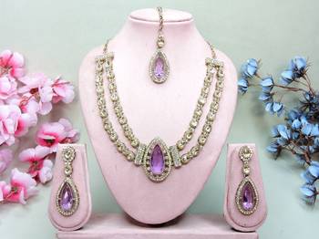 Purple yellow gold premium designer american diamond and stone work necklace set 1