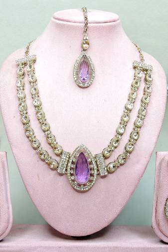 Purple yellow gold premium designer american diamond and stone work necklace set