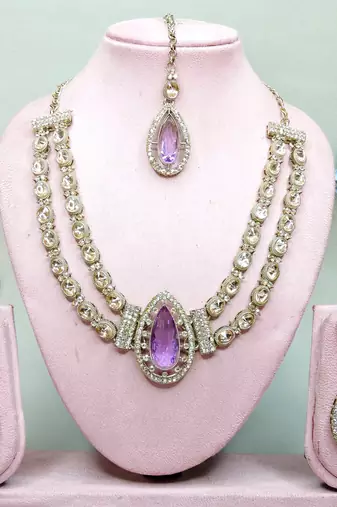 Purple yellow gold premium designer american diamond and stone work necklace set