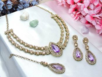 Purple yellow gold premium designer american diamond and stone work necklace set 1