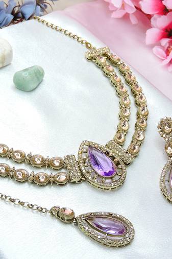Purple yellow gold premium designer american diamond and stone work necklace set