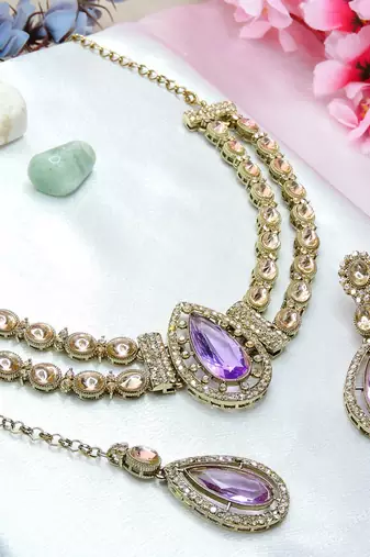 Purple yellow gold premium designer american diamond and stone work necklace set
