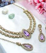 Purple yellow gold premium designer american diamond and stone work necklace set