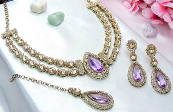 Purple yellow gold premium designer american diamond and stone work necklace set 2