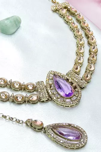 Purple yellow gold premium designer american diamond and stone work necklace set