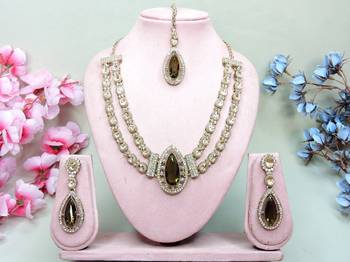 Green yellow gold premium designer american diamond and stone work necklace set 1