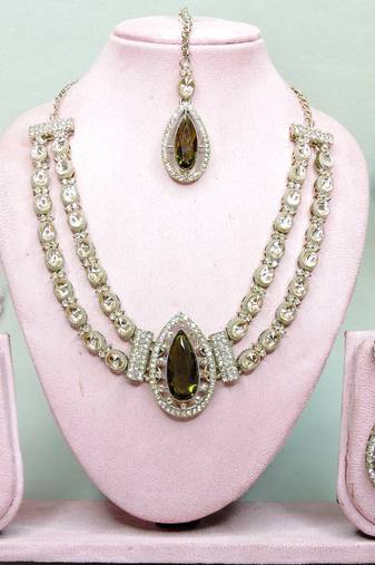 Green yellow gold premium designer american diamond and stone work necklace set