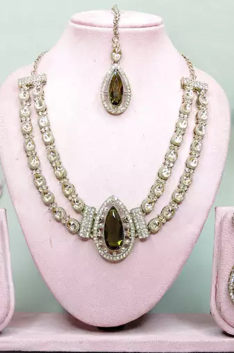 Green yellow gold premium designer american diamond and stone work necklace set