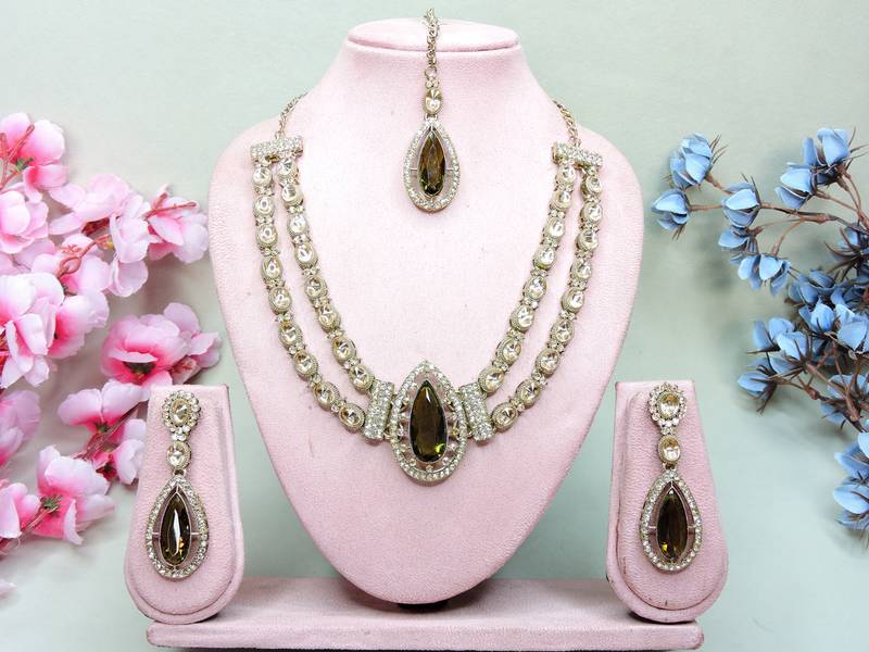 Green yellow gold premium designer american diamond and stone work necklace set