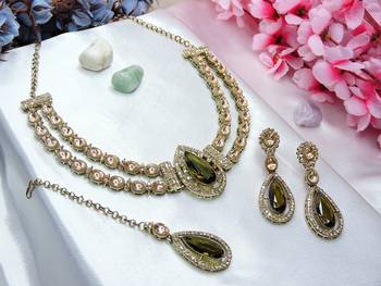 Green yellow gold premium designer american diamond and stone work necklace set 2