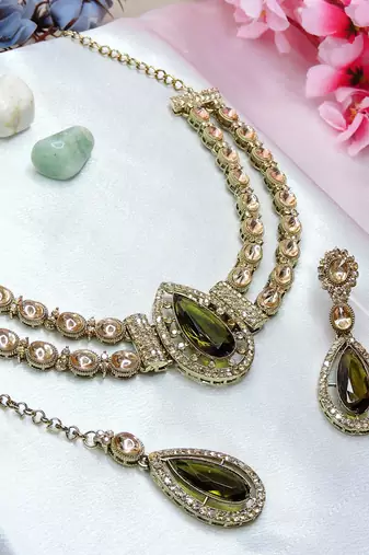 Green yellow gold premium designer american diamond and stone work necklace set
