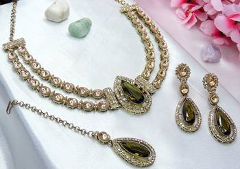 Green yellow gold premium designer american diamond and stone work necklace set 3