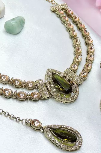 Green yellow gold premium designer american diamond and stone work necklace set