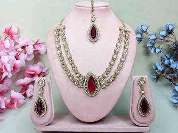 Maroon yellow gold premium designer american diamond and stone work necklace set 1