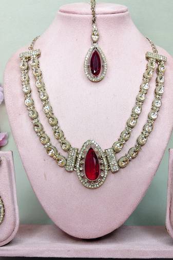 Maroon yellow gold premium designer american diamond and stone work necklace set