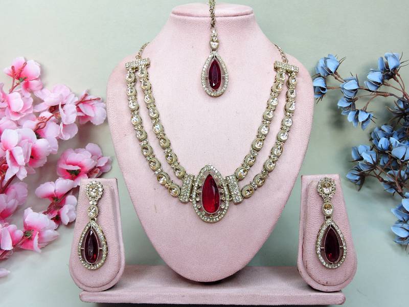 Maroon yellow gold premium designer american diamond and stone work necklace set