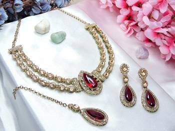 Maroon yellow gold premium designer american diamond and stone work necklace set 2