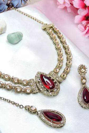 Maroon yellow gold premium designer american diamond and stone work necklace set