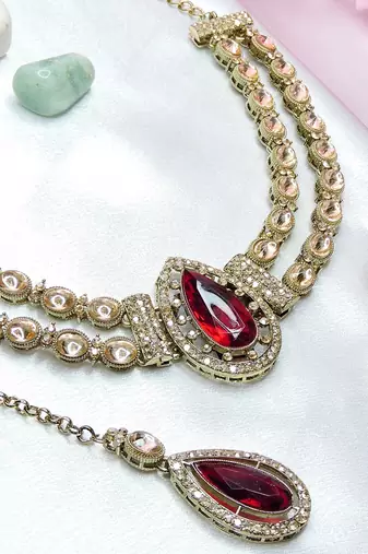 Maroon yellow gold premium designer american diamond and stone work necklace set