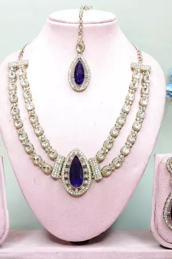 Blue yellow gold premium designer american diamond and stone work necklace set