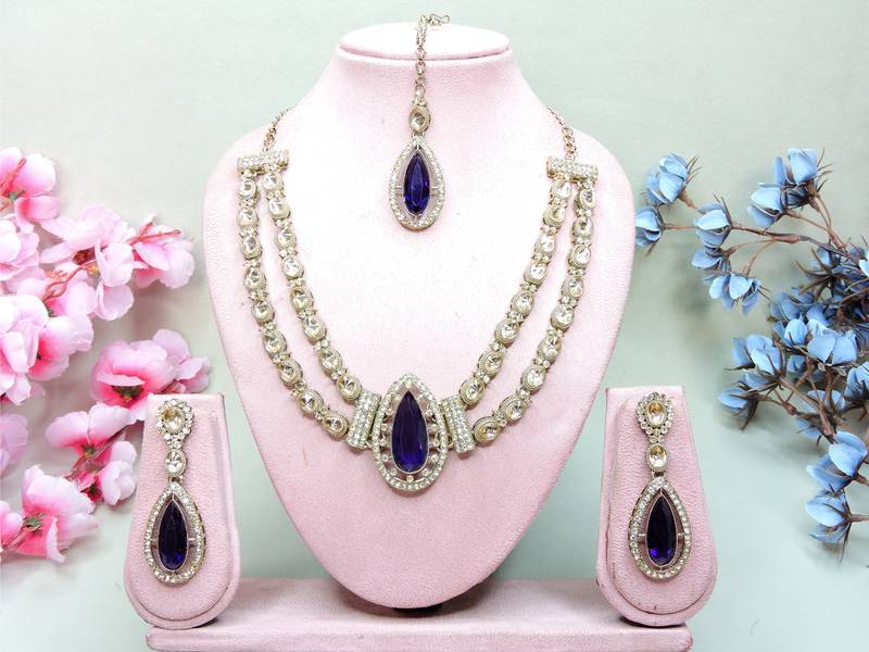 Blue yellow gold premium designer american diamond and stone work necklace set