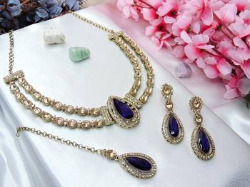 Blue yellow gold premium designer american diamond and stone work necklace set 2