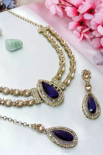 Blue yellow gold premium designer american diamond and stone work necklace set