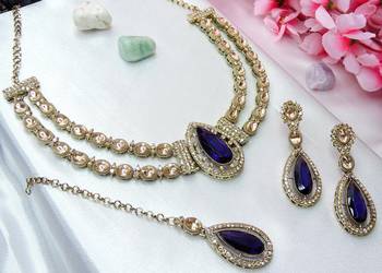 Blue yellow gold premium designer american diamond and stone work necklace set 3
