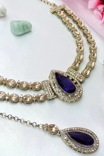 Blue yellow gold premium designer american diamond and stone work necklace set