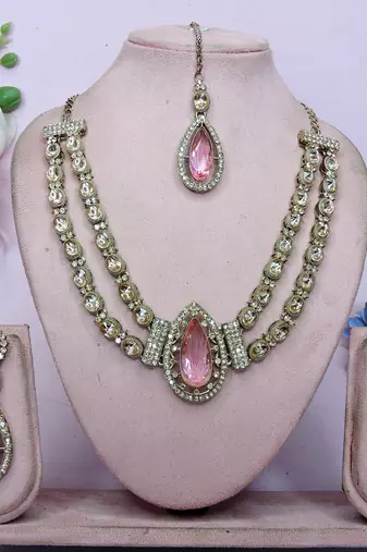 Pink yellow gold premium designer american diamond and stone work necklace set