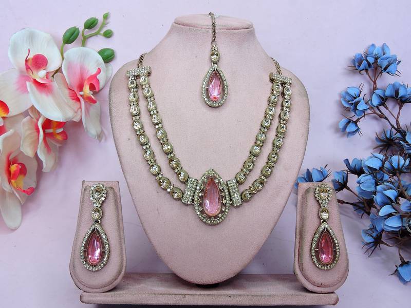 Pink yellow gold premium designer american diamond and stone work necklace set