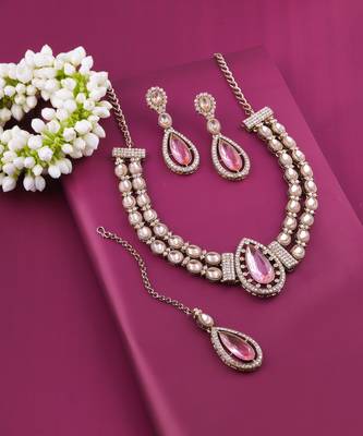 Pink yellow gold premium designer american diamond and stone work necklace set 2
