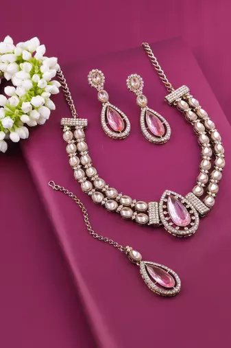Pink yellow gold premium designer american diamond and stone work necklace set