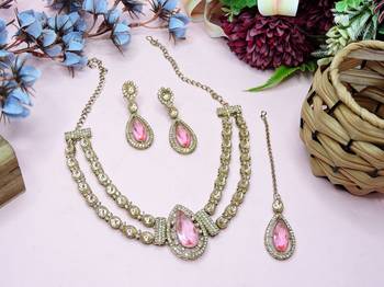 Pink yellow gold premium designer american diamond and stone work necklace set 3