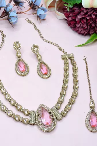 Pink yellow gold premium designer american diamond and stone work necklace set