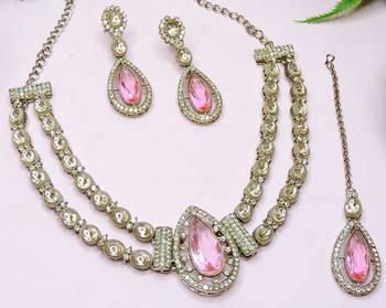 Pink yellow gold premium designer american diamond and stone work necklace set 4