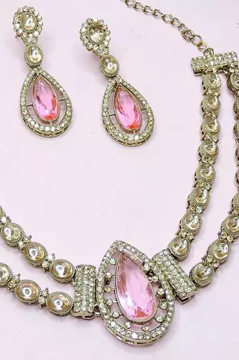 Pink yellow gold premium designer american diamond and stone work necklace set
