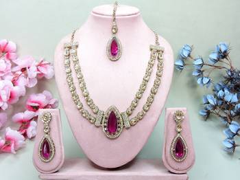 Purple yellow gold premium designer american diamond and stone work necklace set 1