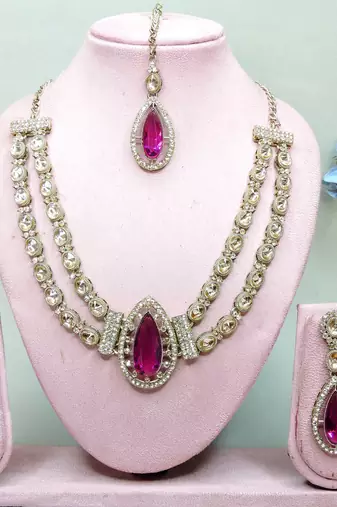 Purple yellow gold premium designer american diamond and stone work necklace set