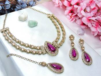 Purple yellow gold premium designer american diamond and stone work necklace set 2