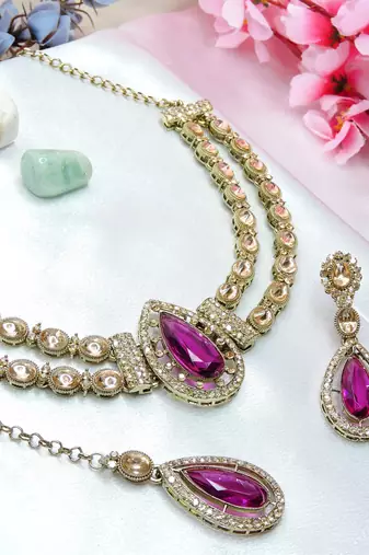 Purple yellow gold premium designer american diamond and stone work necklace set