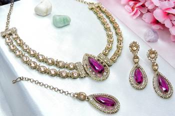 Purple yellow gold premium designer american diamond and stone work necklace set 3